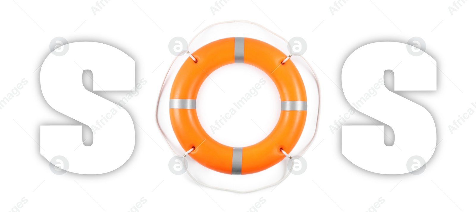 Image of SOS message made from lifebuoy and letters on white background. Banner design