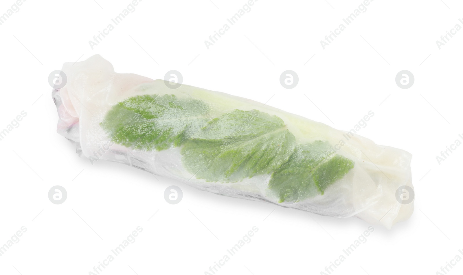 Photo of Delicious spring roll wrapped in rice paper isolated on white, top view