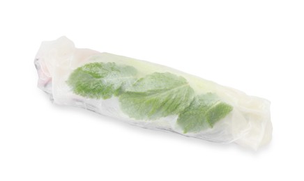 Photo of Delicious spring roll wrapped in rice paper isolated on white, top view