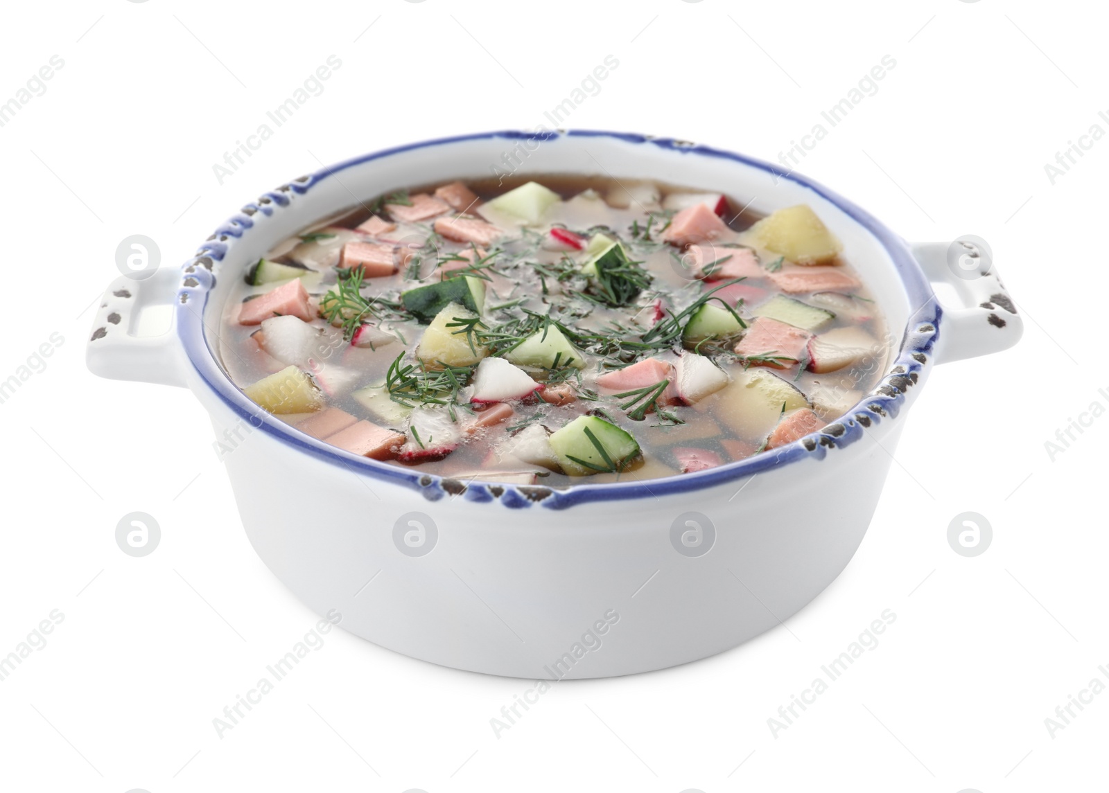 Photo of Delicious cold okroshka with kvass isolated on white. Traditional Russian summer soup