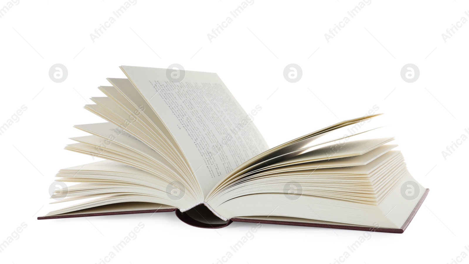 Photo of Open book with hard cover on white background