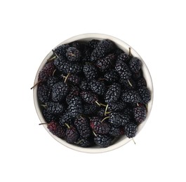 Photo of Bowl of delicious ripe black mulberries isolated on white, top view
