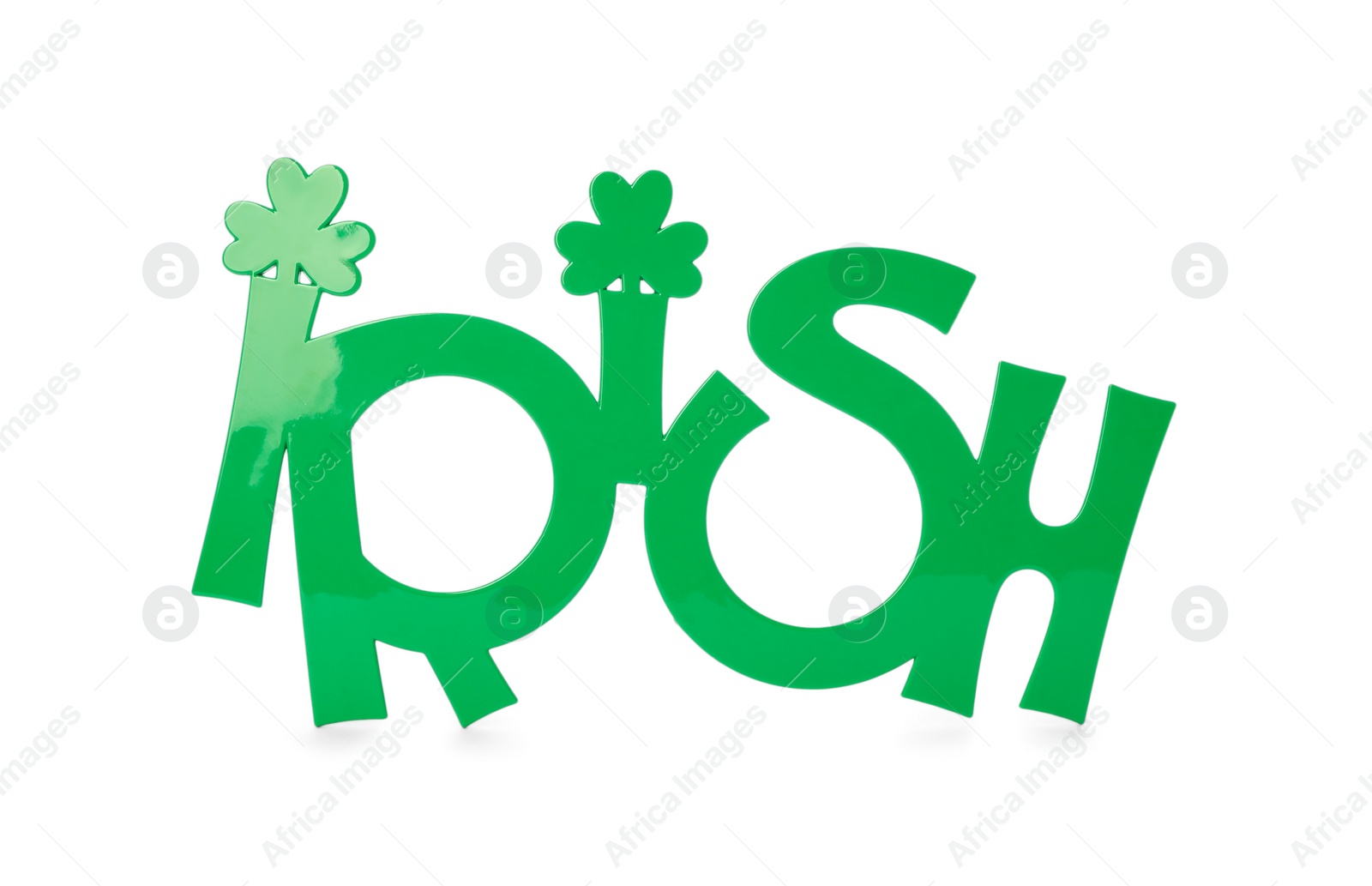 Photo of Green party glasses with word IRISH isolated on white. Saint Patrick's Day accessory