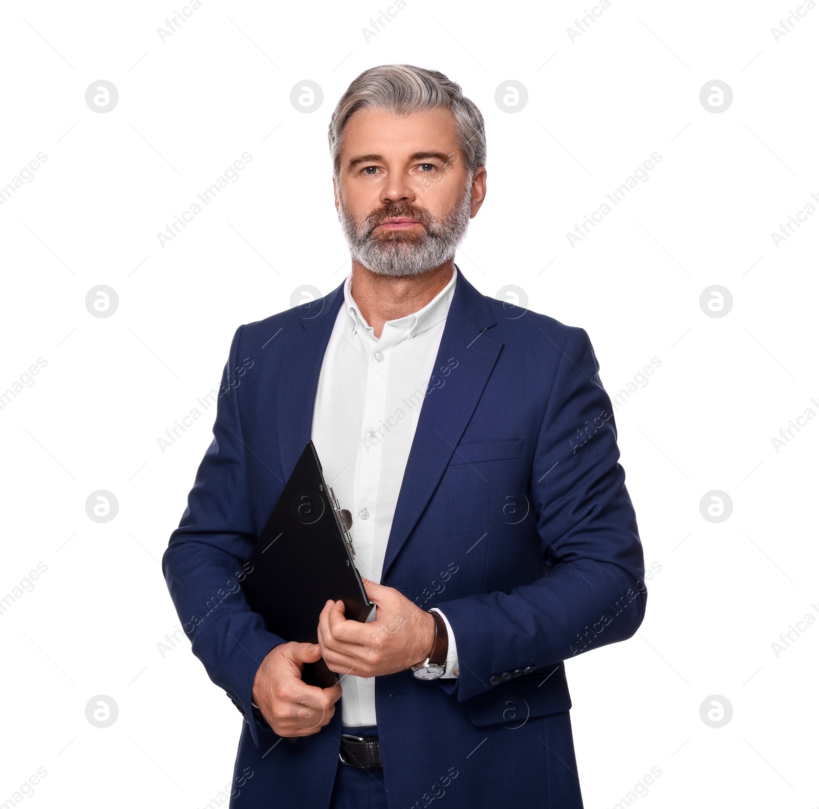 Photo of Portrait of serious man with clipboard on white background. Lawyer, businessman, accountant or manager