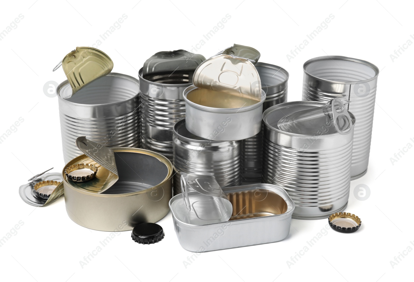 Photo of Many open tin cans isolated on white