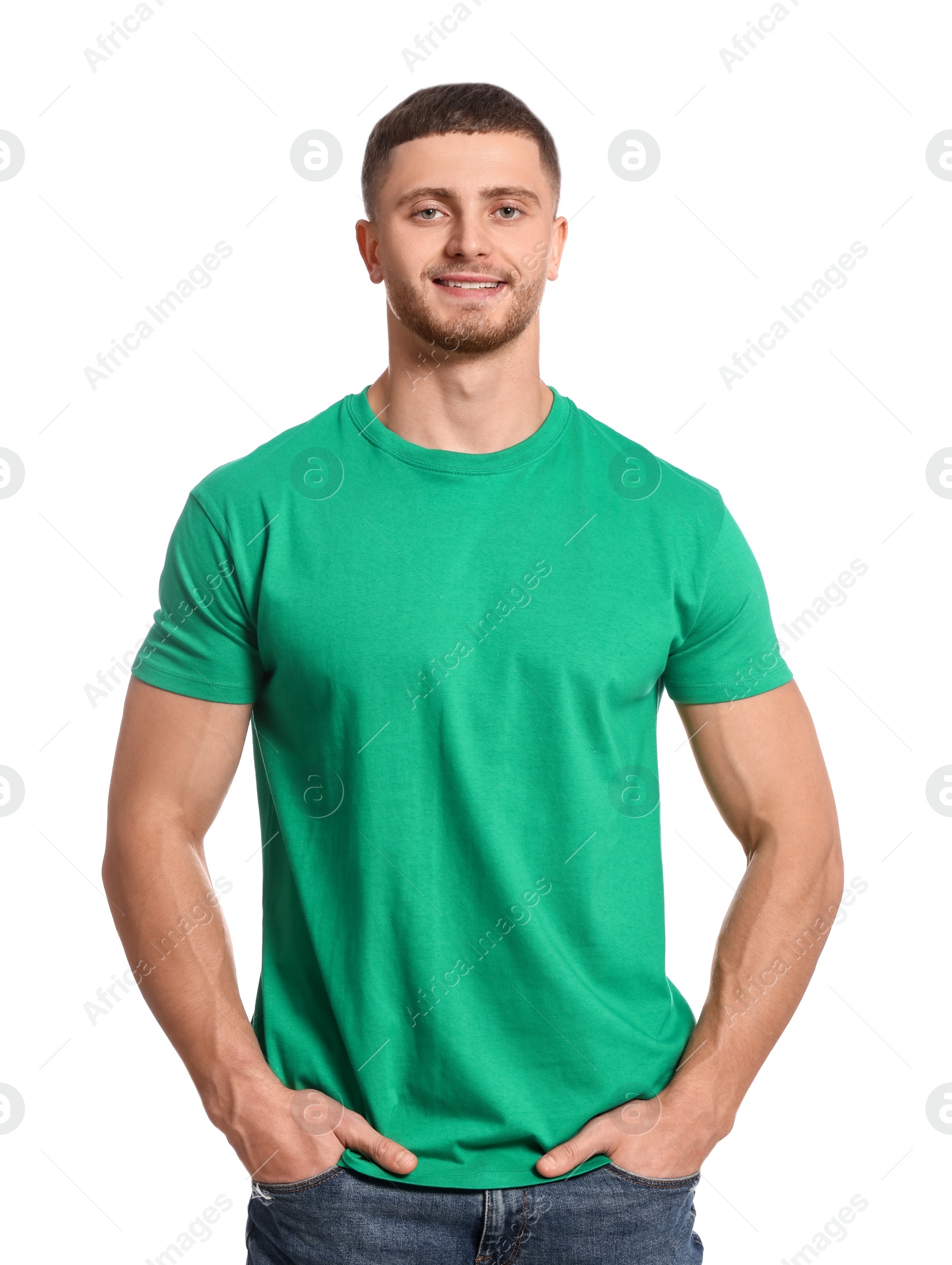 Photo of Man wearing green t-shirt on white background. Mockup for design