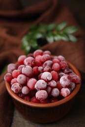 Frozen red cranberries in bowl on table, closeup