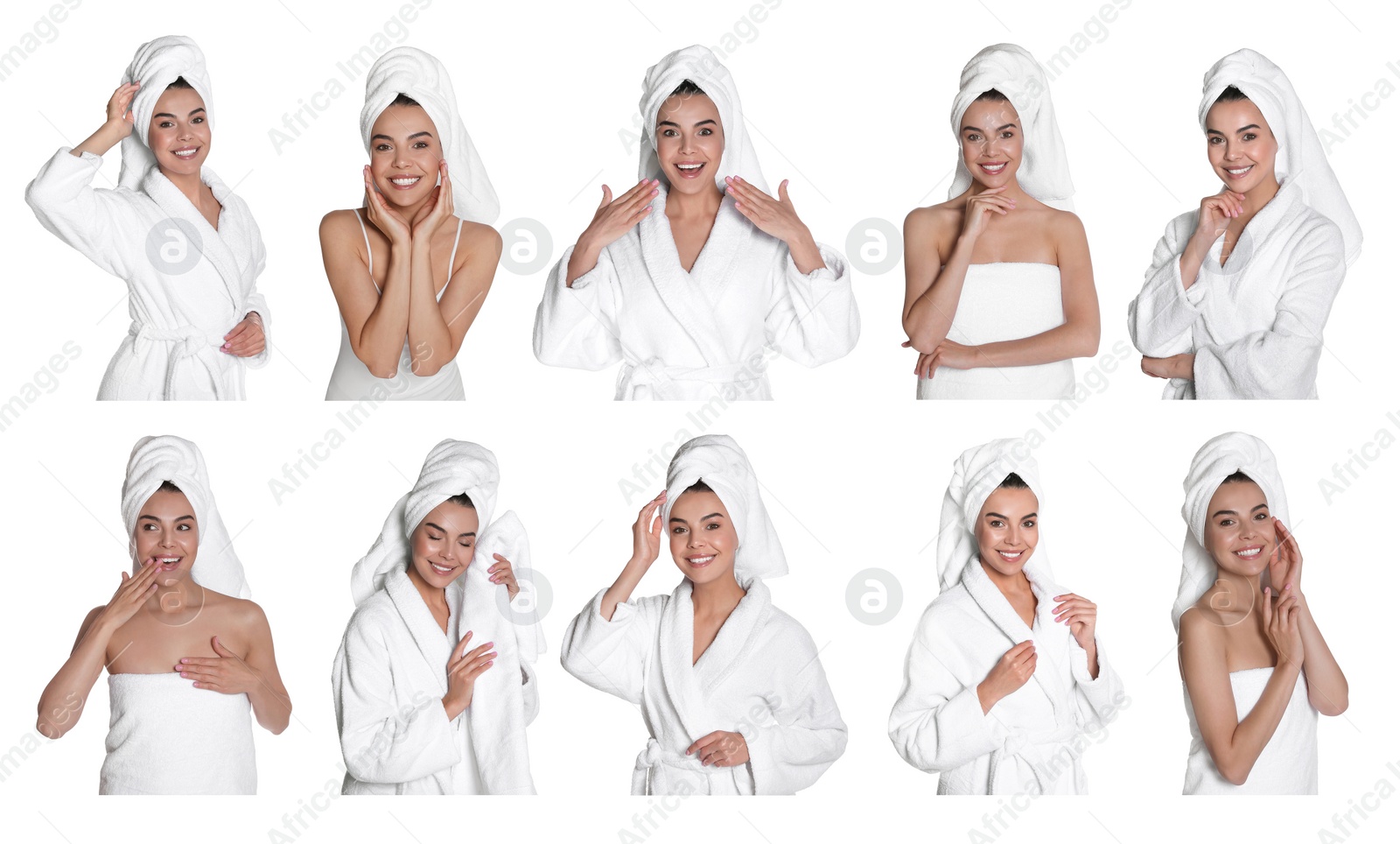 Image of Collage with photos of beautiful young woman with towels on white background