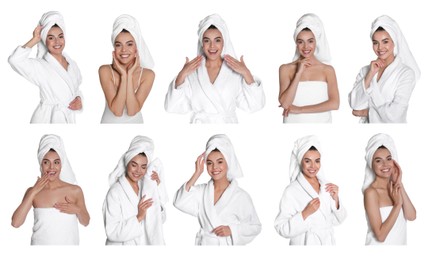 Image of Collage with photos of beautiful young woman with towels on white background