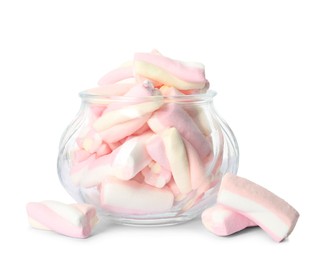 Photo of Tasty marshmallows in glass jar on white background