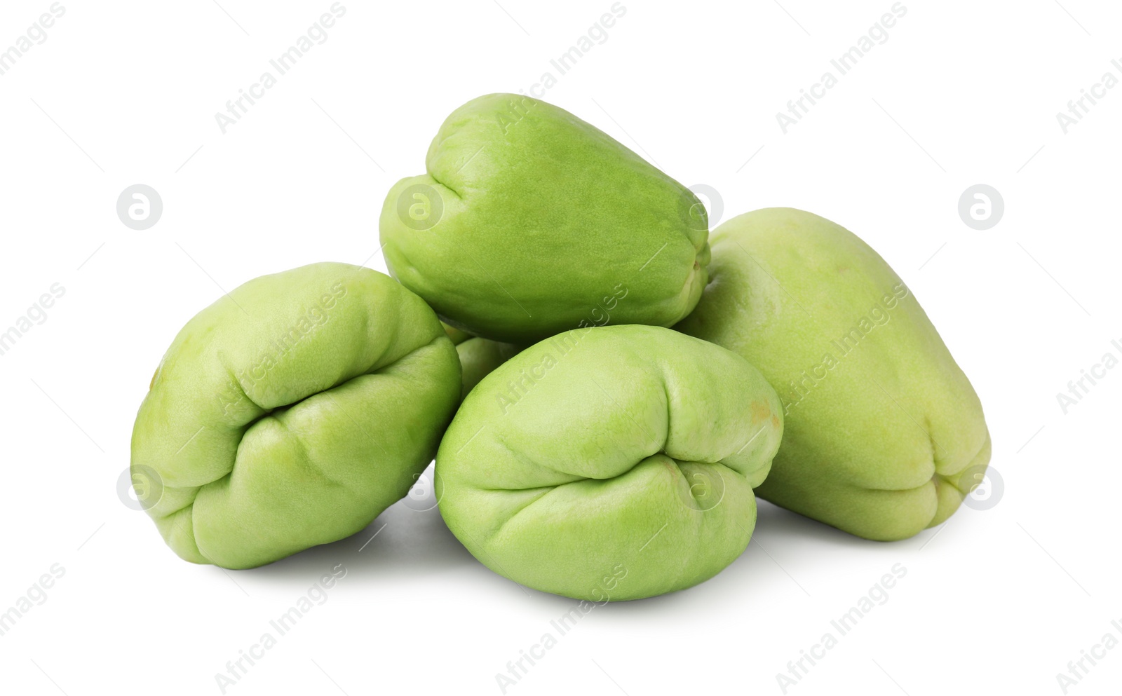 Photo of Many fresh green chayote isolated on white