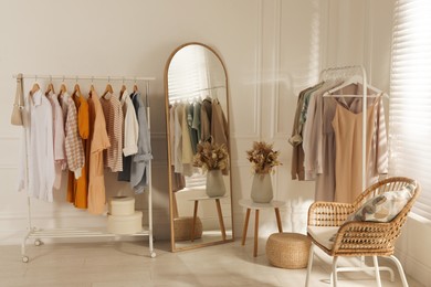 Modern dressing room interior with stylish clothes and beautiful dry flowers