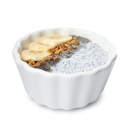 Photo of Bowl of tasty chia seed pudding with granola and banana on white background