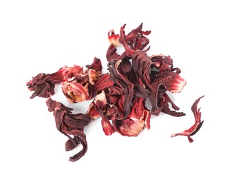 Pile of dry hibiscus tea isolated on white, top view