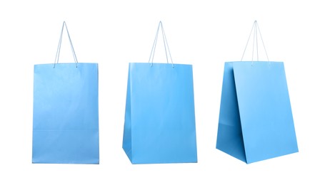 Light blue shopping bag isolated on white, different sides