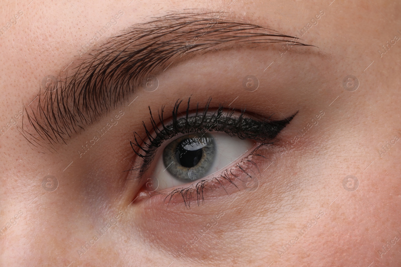 Photo of Makeup product. Woman with black eyeliner and beautiful eyebrow, closeup