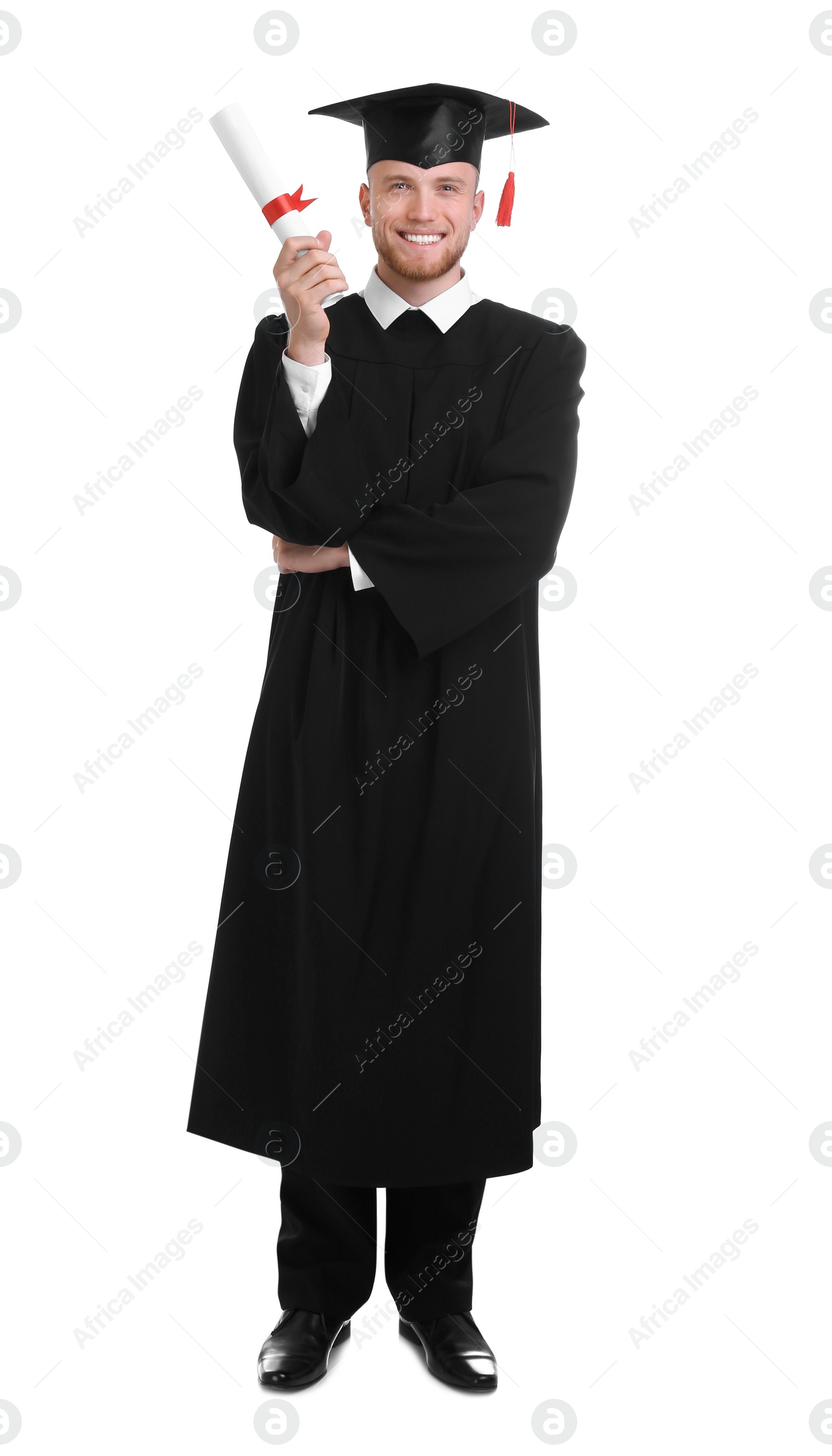 Photo of Happy student with graduation hat and diploma on white background