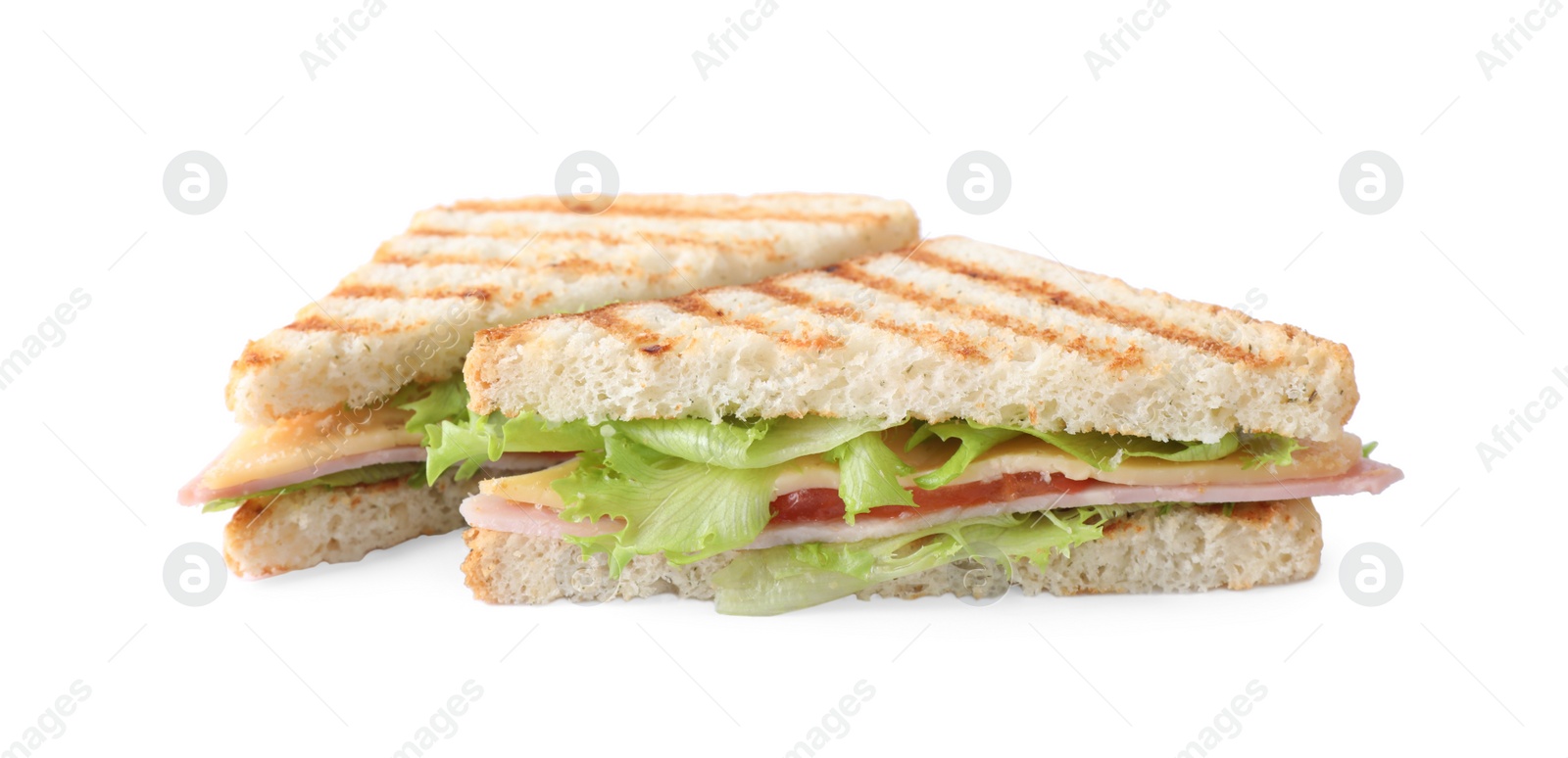 Photo of Tasty sandwich with ham on white background