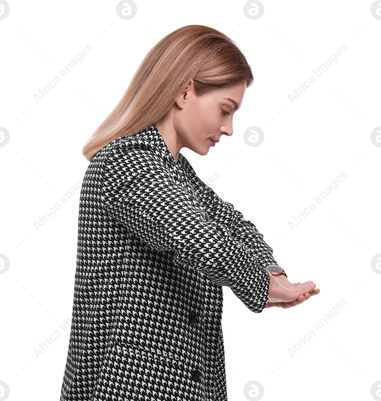 Photo of Beautiful businesswoman in suit posing on white background