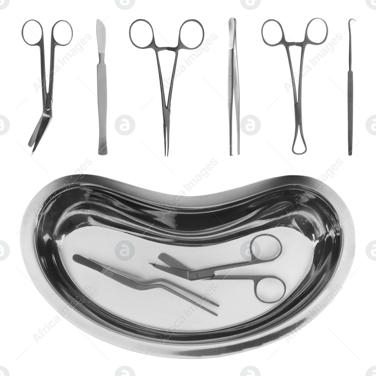 Image of Set with different surgical instruments on white background 