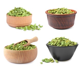 Image of Set with cardamom seeds on white background