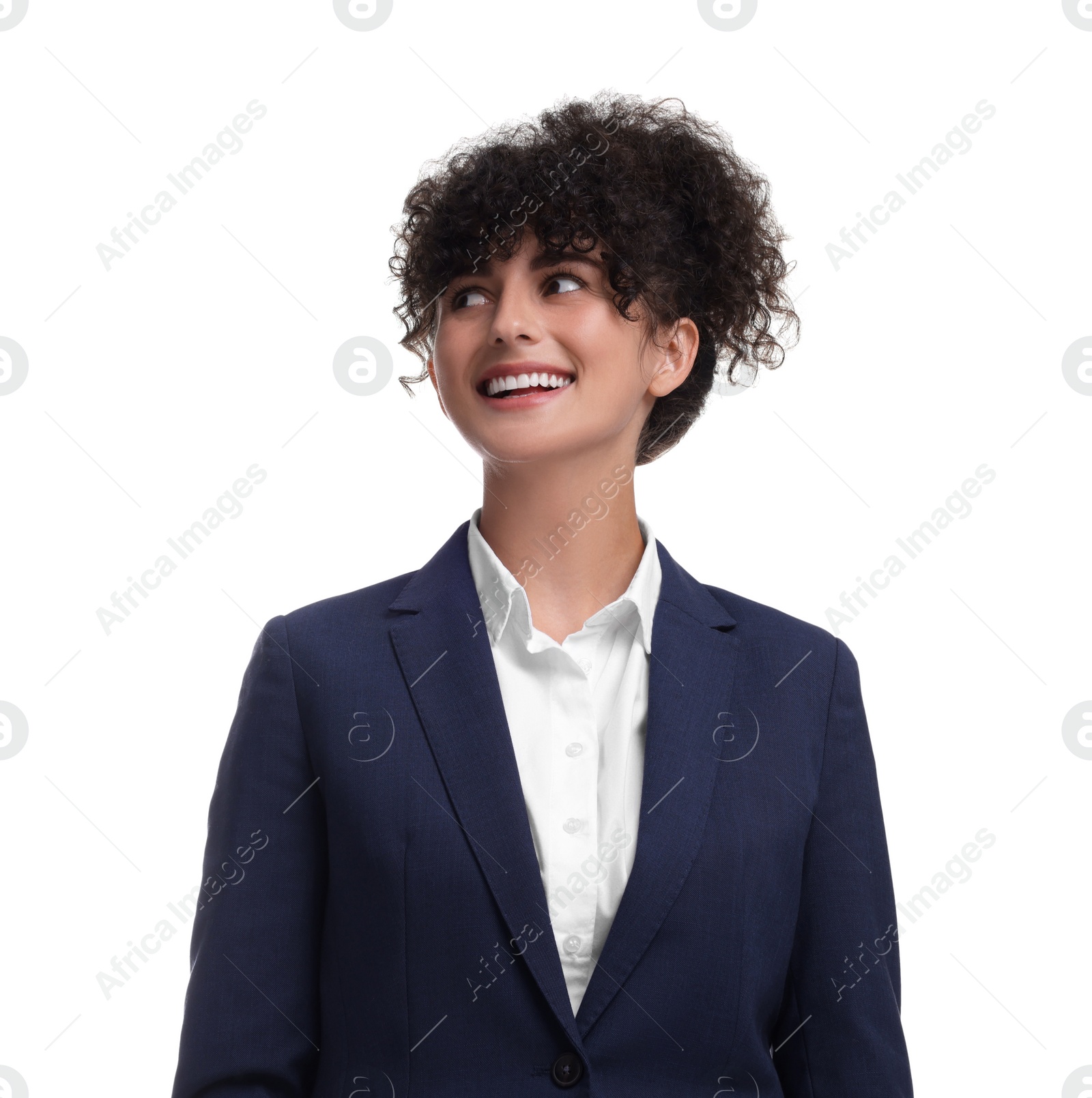 Photo of Beautiful young businesswoman in suit on white background