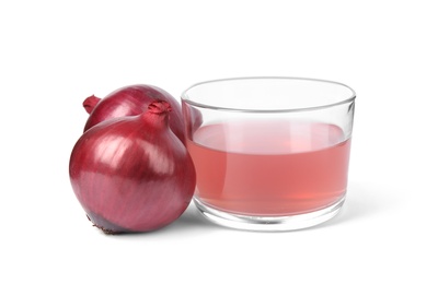 Photo of Glass of onion syrup and fresh ingredient on white background