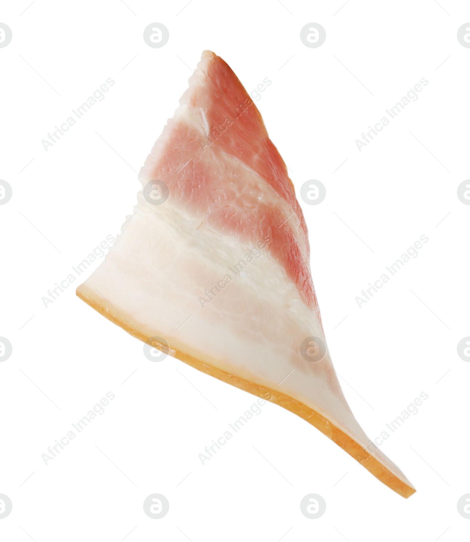 Photo of Slice of raw bacon on white background