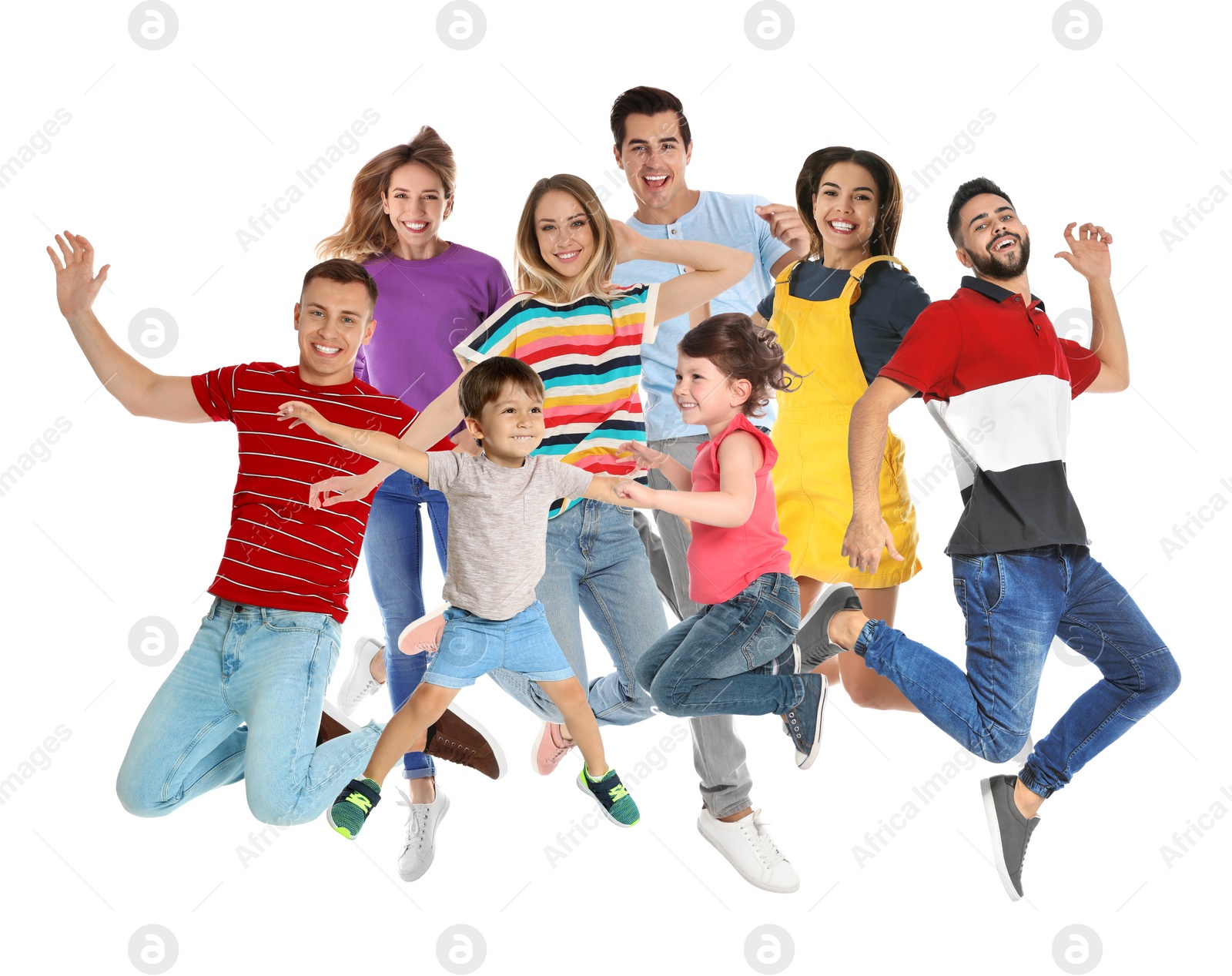 Image of Collage of emotional people jumping on white background
