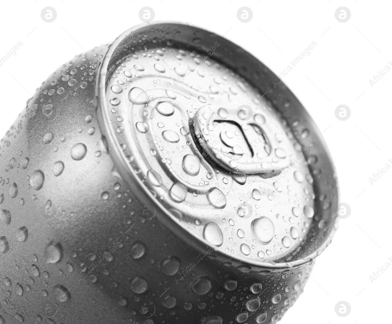 Photo of Aluminum can of beverage covered with water drops on white background