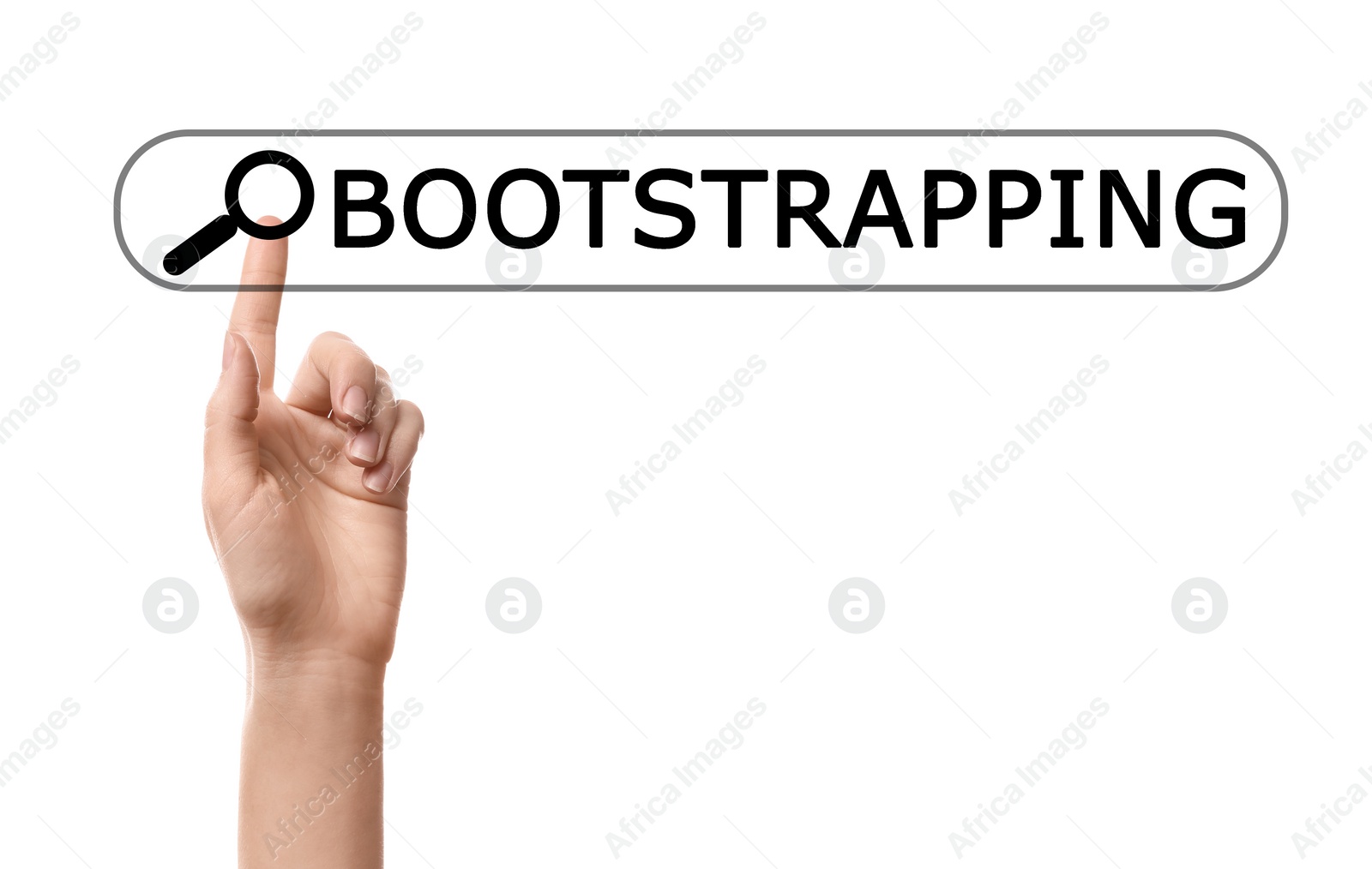 Image of Woman touching virtual screen with word BOOTSTRAPPING in search bar on white background, closeup
