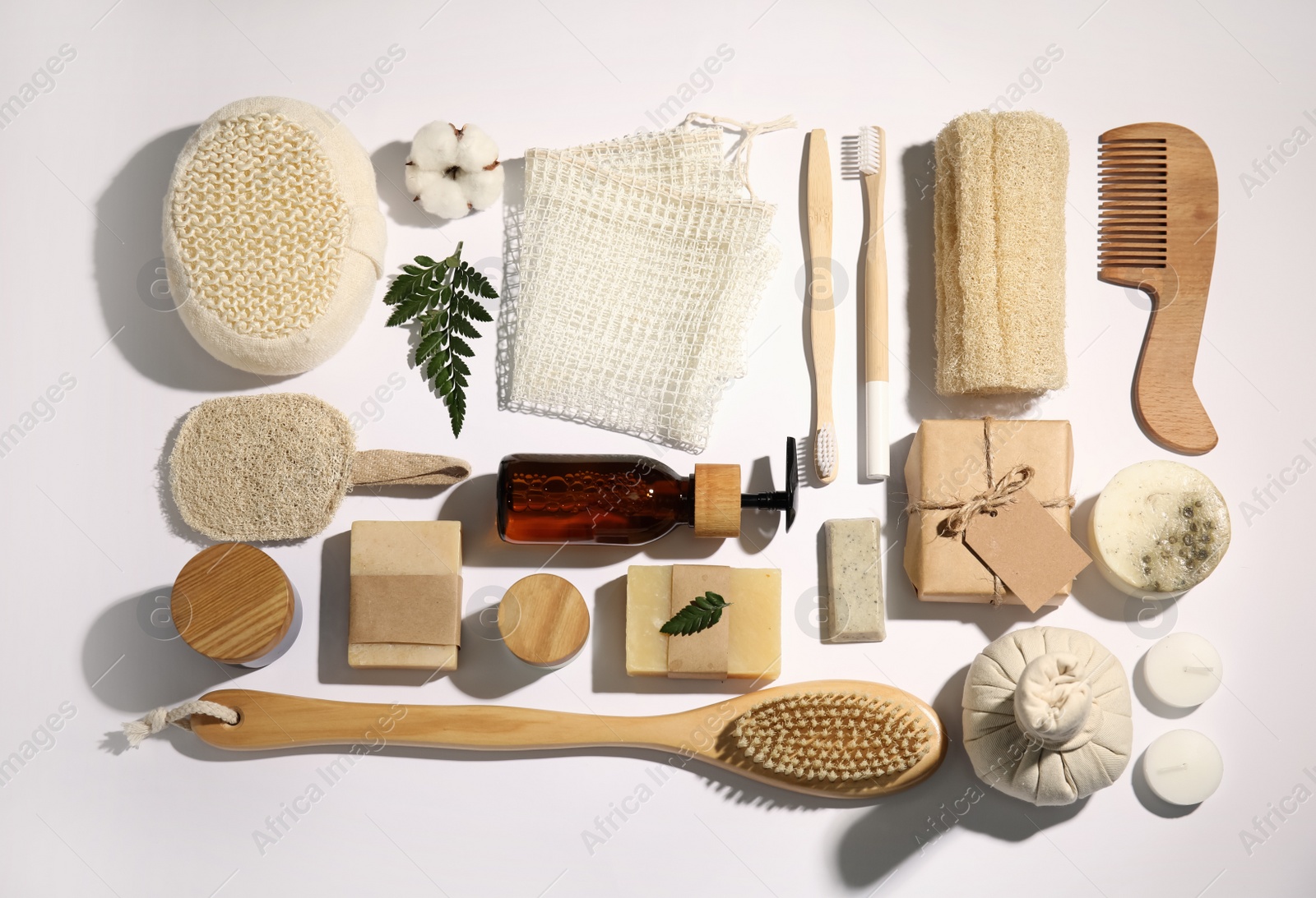 Photo of Flat lay composition with eco friendly personal care products on white background