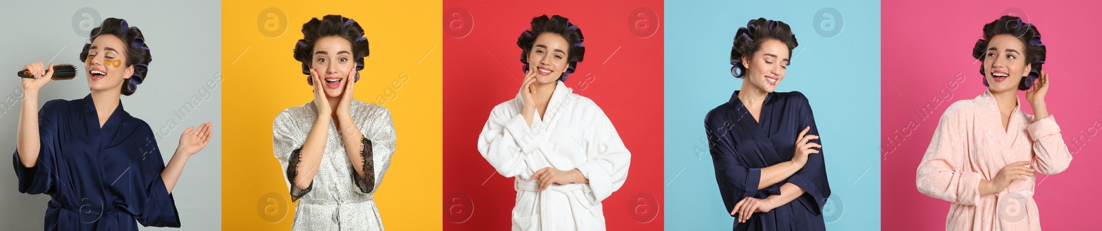 Image of Collage with photos of beautiful young woman wearing bathrobe with hair curlers on different color backgrounds. Banner design