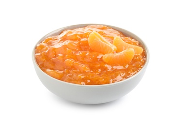 Photo of Tasty tangerine jam in ceramic bowl isolated on white