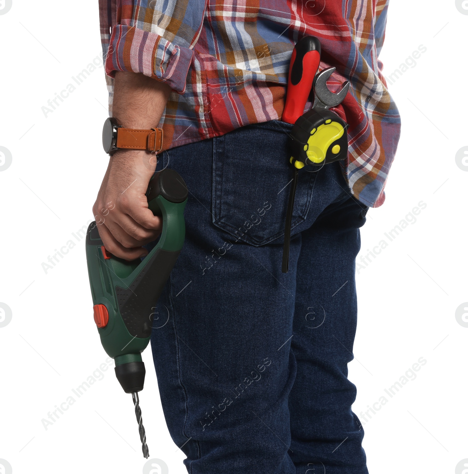 Photo of Man with power drill on white background, closeup