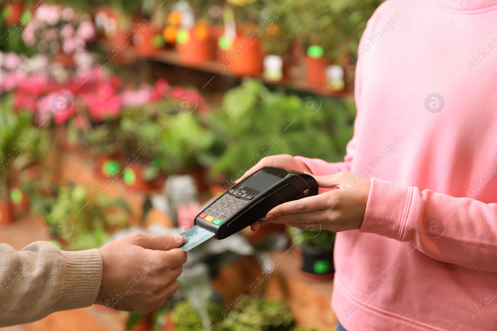 Photo of Client using credit card for terminal payment in floral shop, closeup