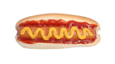 Delicious hot dog with mustard and ketchup on white background, top view