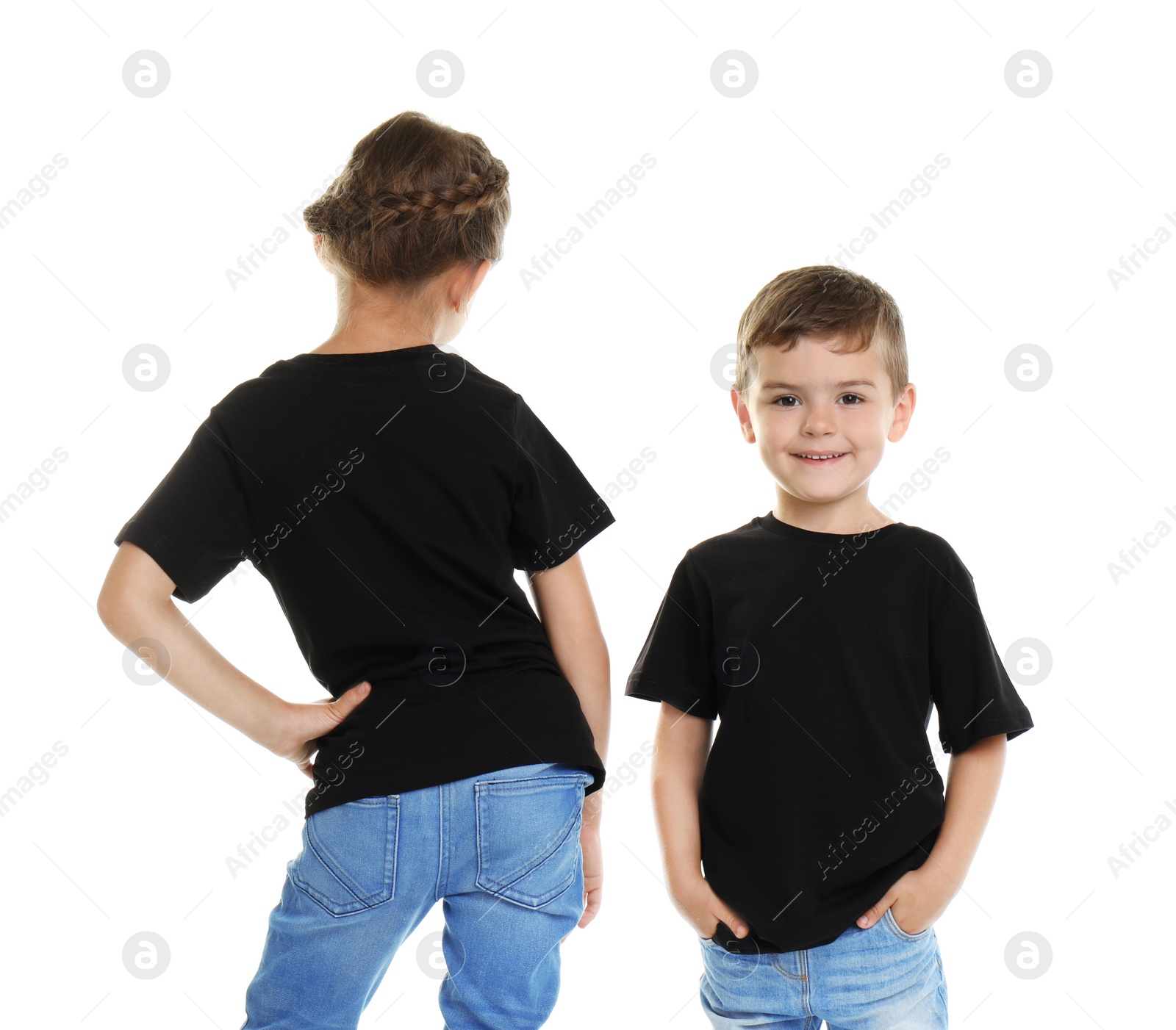 Photo of Little kids in t-shirts on white background. Mockup for design