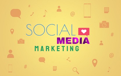 Illustration of Social media marketing. Text and different images on yellow background, illustration