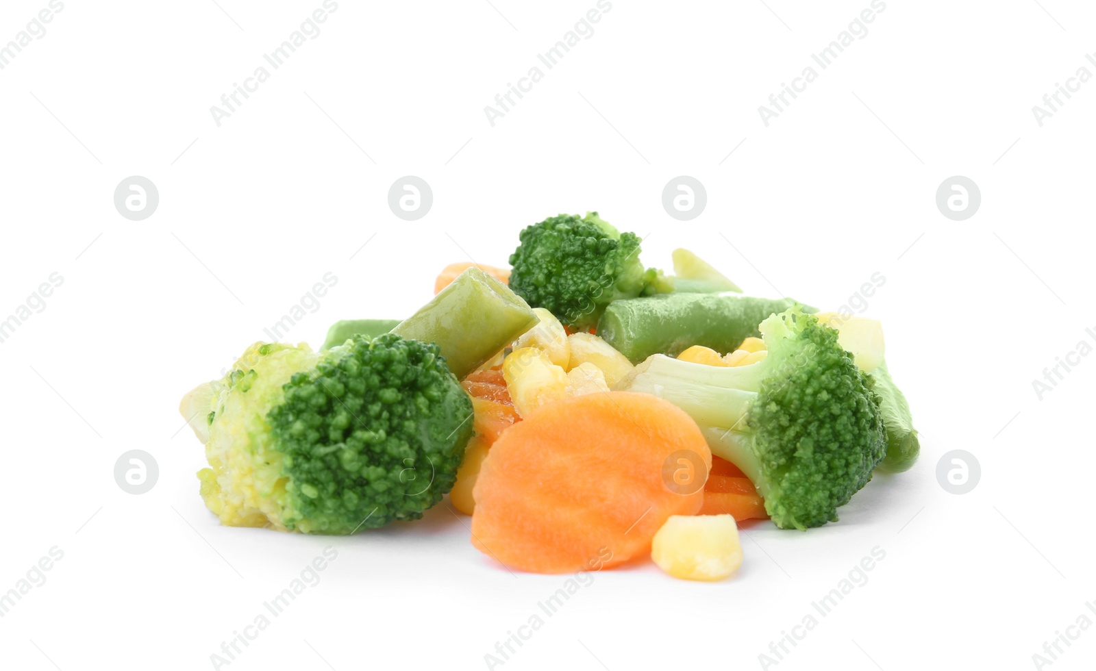 Photo of Mix of frozen vegetables on white background