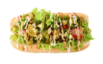 One tasty hot dog with chili, lettuce, pickles and sauces isolated on white, top view