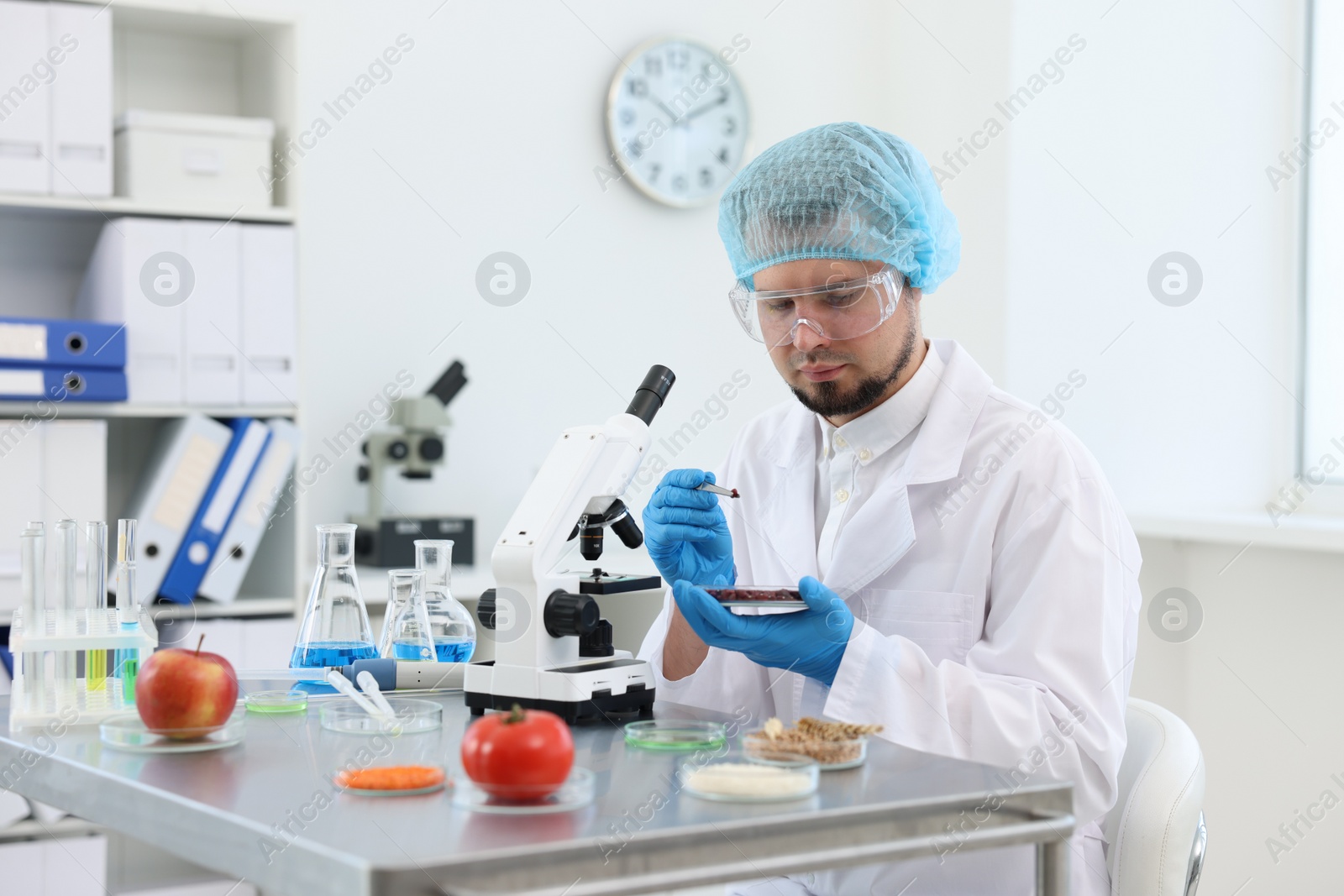 Photo of Quality control. Food inspector checking safety of products in laboratory