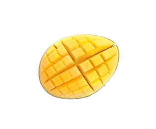 Cut ripe mango on white background, top view. Tropical fruit