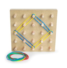 Wooden geoboard with rhombus made of colorful rubber bands isolated on white. Educational toy for motor skills development