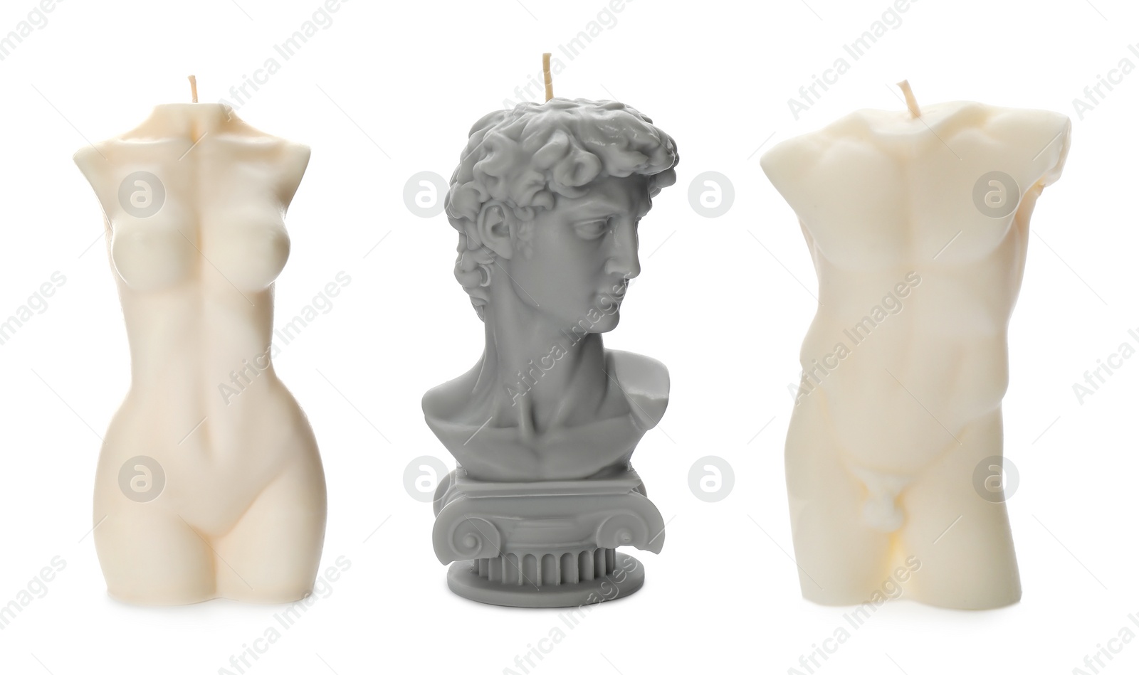 Image of Collection of beautiful sculptural candles on white background