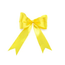 Beautiful yellow ribbon tied in bow isolated on white, top view