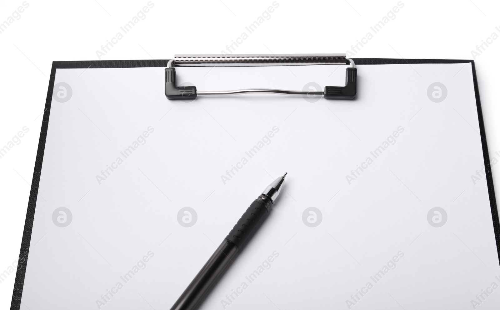 Photo of Clipboard with sheet of paper and pen isolated on white