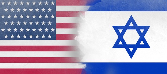 International relations. National flags of Israel and USA on textured surface, banner design