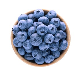 Photo of Tasty fresh ripe blueberries in wooden bowl on white background, top view
