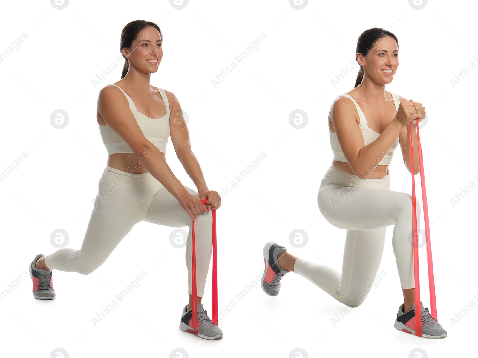 Image of Woman doing sportive exercises with fitness elastic band on white background, collage